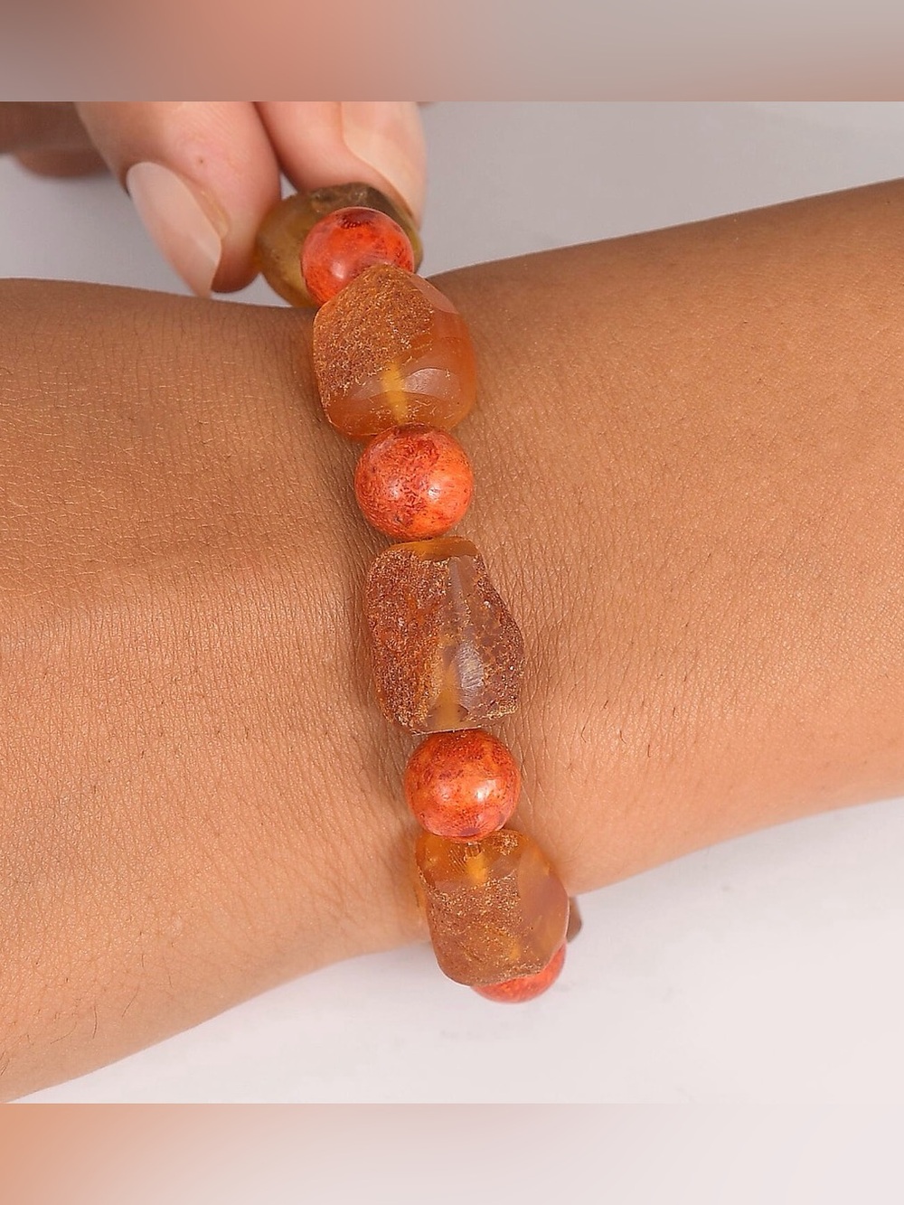 Amber and Coral Bead Stretch Bracelet